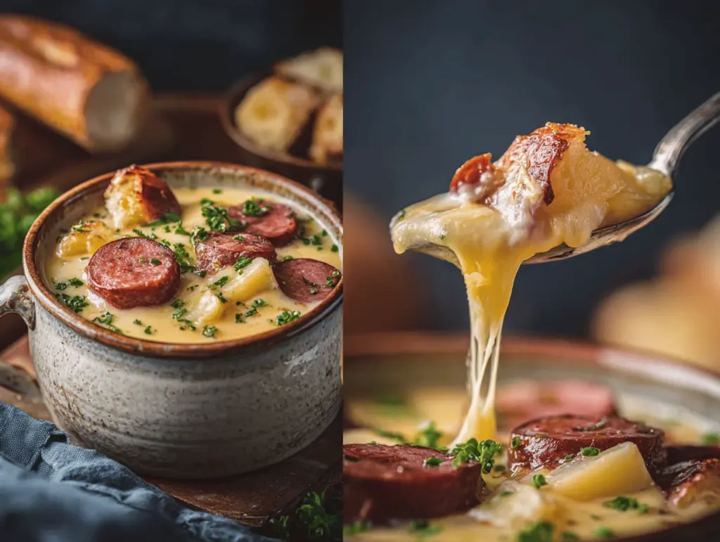 creamy cheesy potato kielbasa soup - featured image