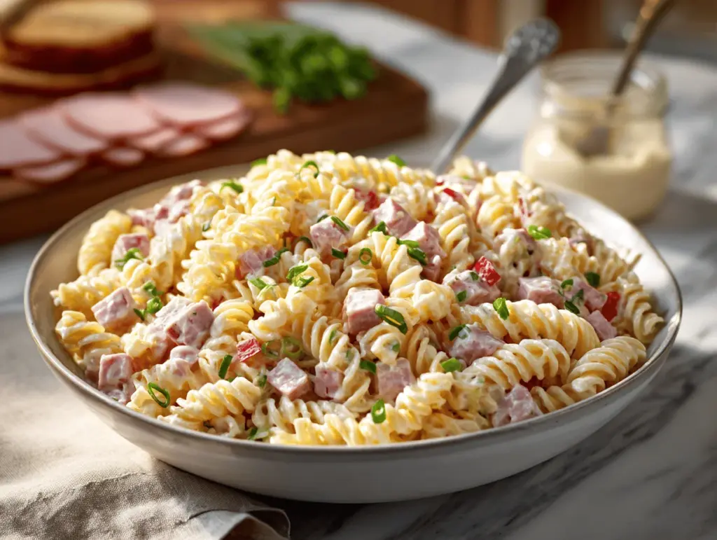 creamy ham and cheese pasta salad - featured image
