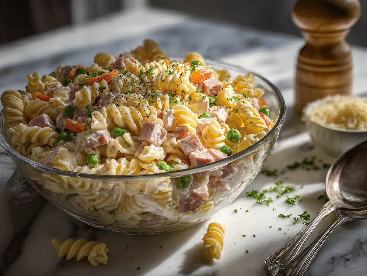 creamy ham and cheese pasta salad preparation steps