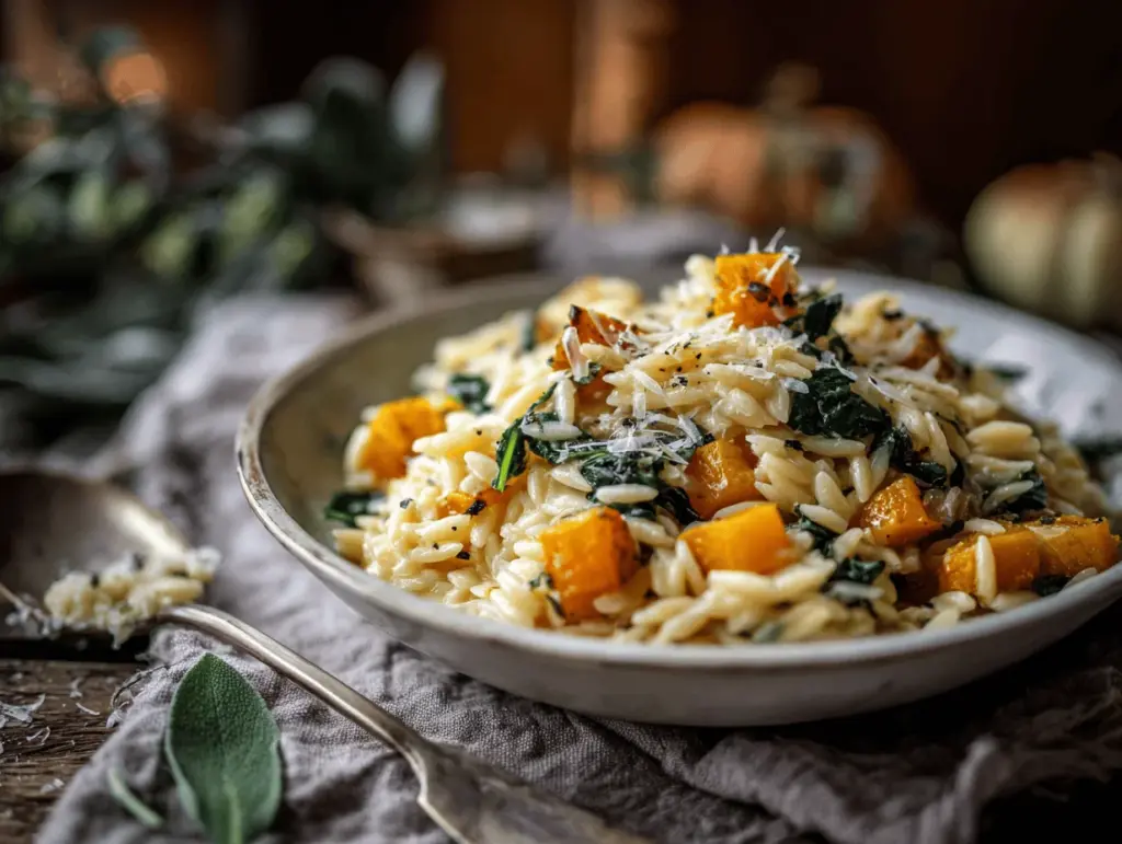 creamy orzo pasta with butternut squash and spinach - featured image