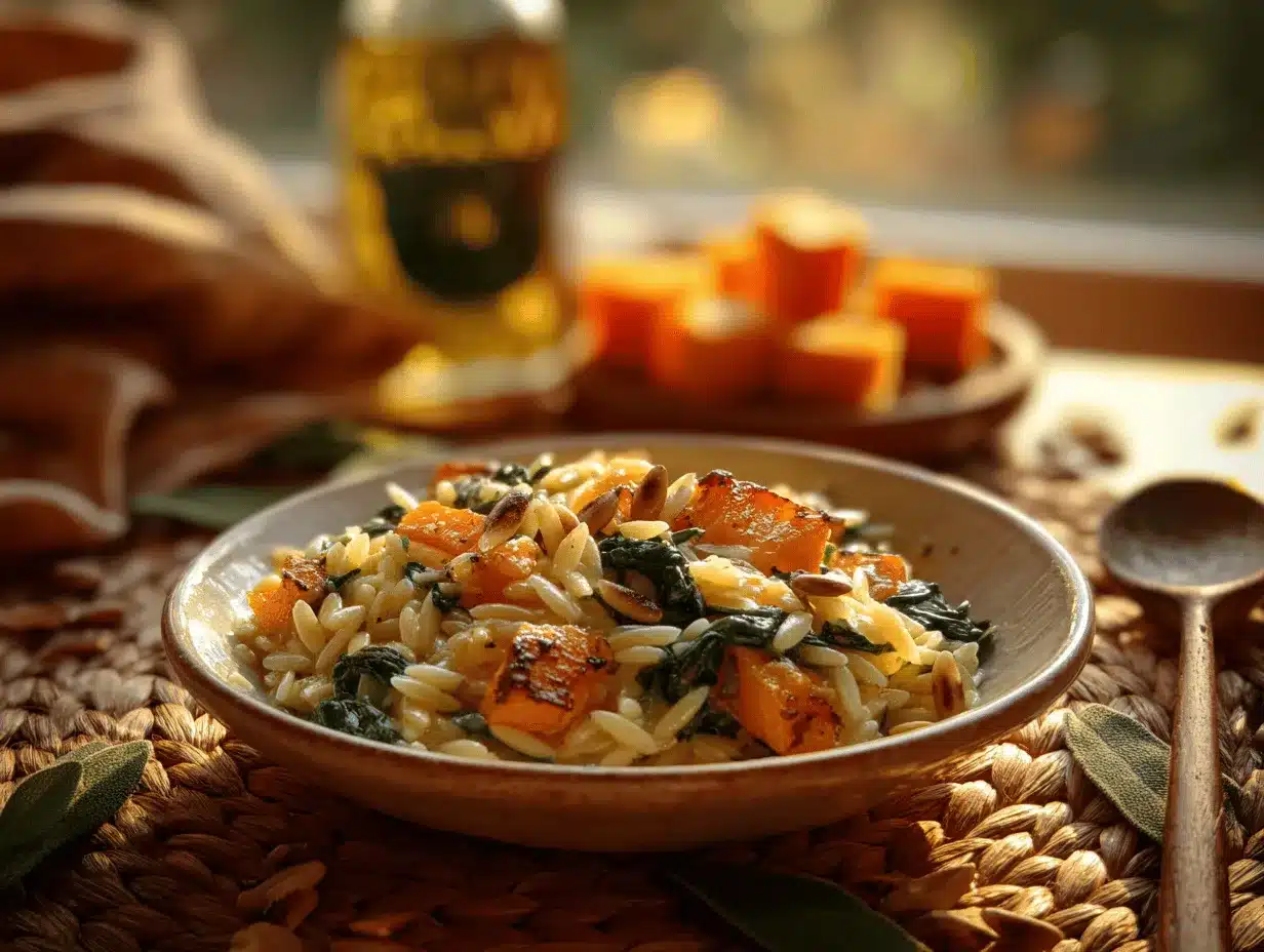 creamy orzo pasta with butternut squash and spinach preparation steps